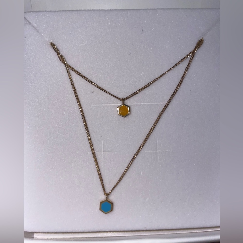 Sophie Blake Hexagon Necklace 14K Gold Turquoise  and Yellow/Orange Enamel NWT